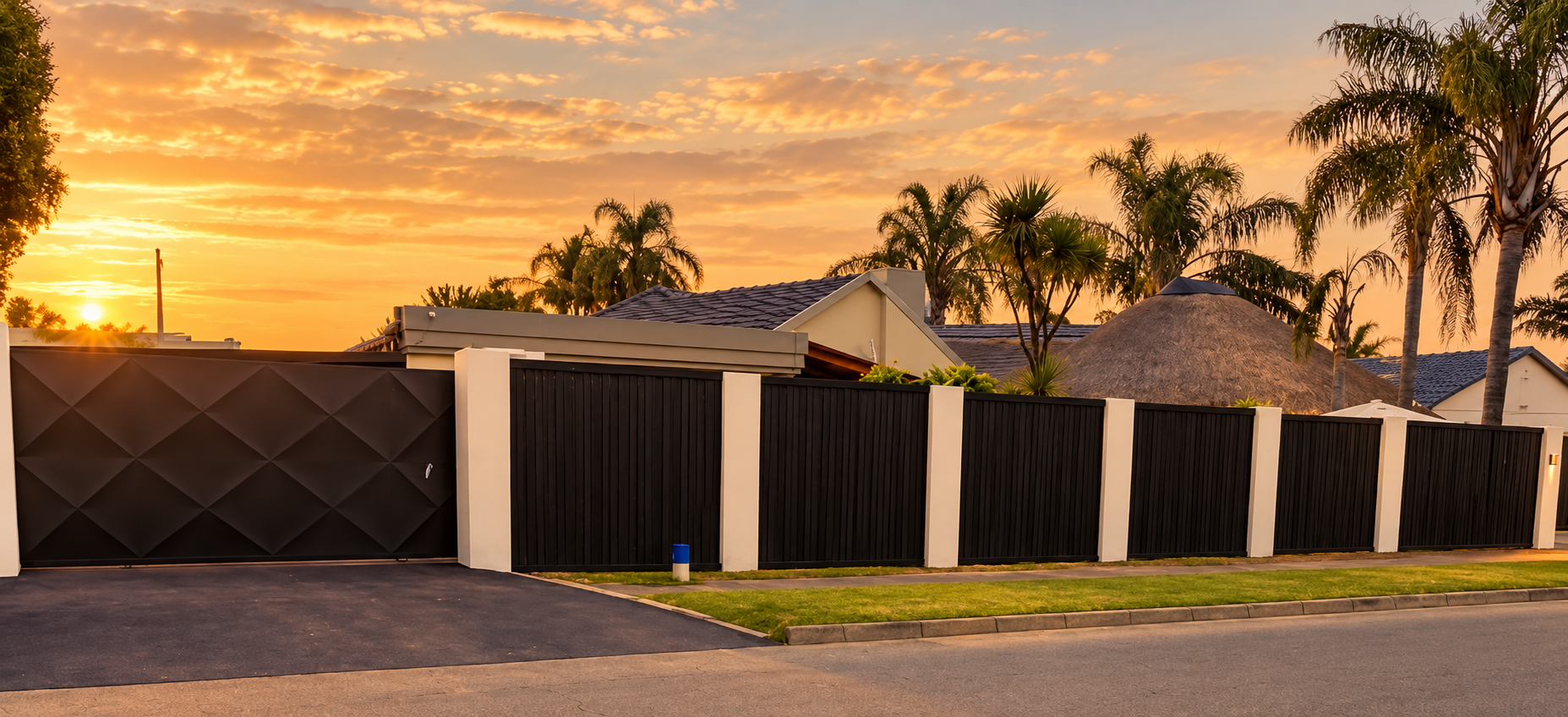 The black gates and thatched lapa of Big 5 Guesthouse on Green Avenue, Edleen, Kempton Park at sunset
