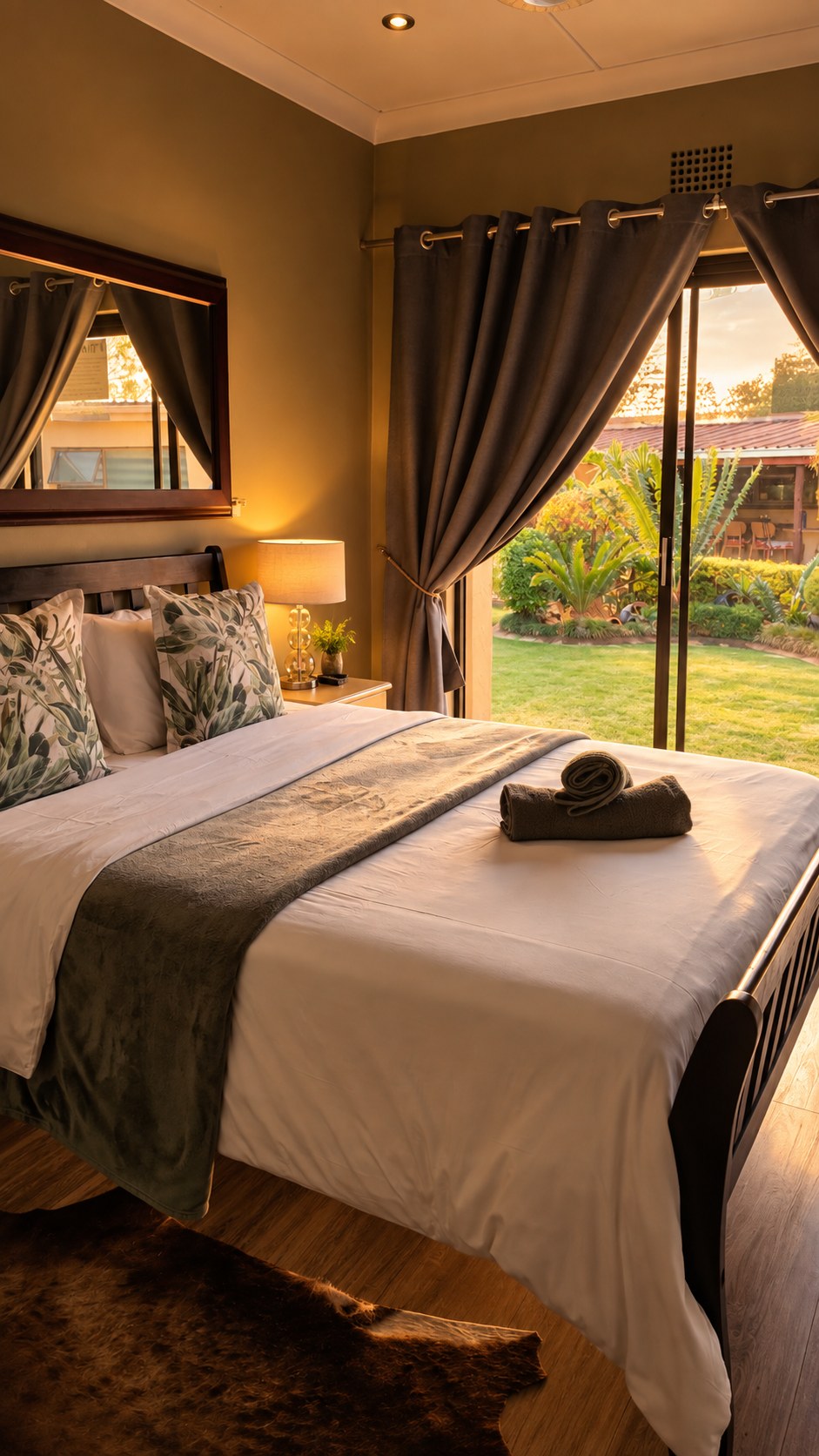 Warmly lit guest room with garden view at Big 5 Guesthouse near O.R. Tambo Airport, ideal for corporate stays